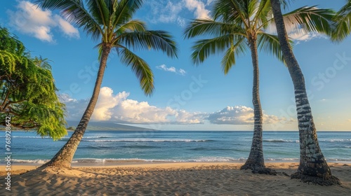 Palm trees sway gently on the serene sandy beaches of hawaii - tropical paradise scenery with clear blue skies and golden sands  perfect for relaxation and getaway vibes