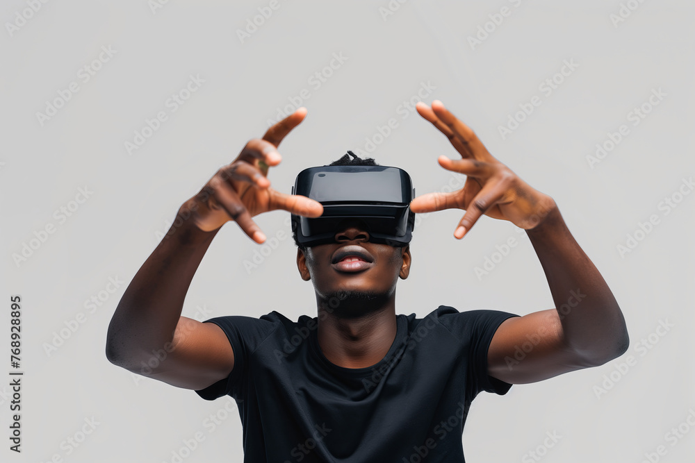 Portrait of a man looking up with virtual reality glasses and light color background Portrait of a man looking up with virtual reality glasses and light color background