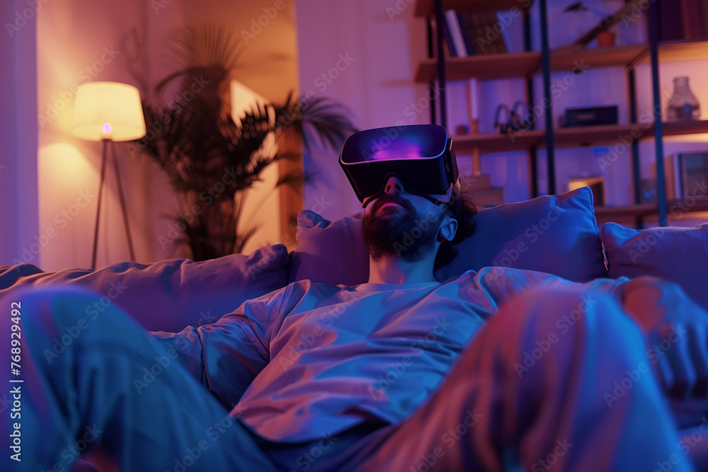 Man on couch playing with virtual reality glasses Man on couch playing with virtual reality glasses
