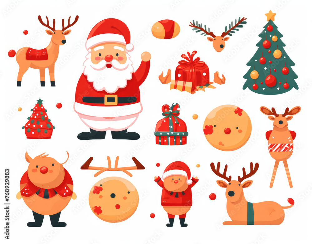 Christmas, New Year holidays icon big set. Flat style collection. Isolated on white background. Christmas ornament. Santa hat, tree, gift, persent, house, cookies, reindeer. Outline, thin line