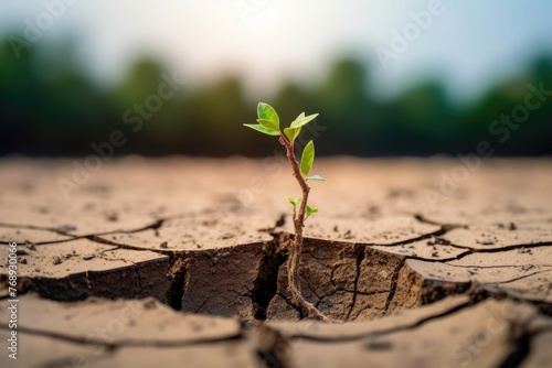 Resilient Sprout on Arid Ground. A young plant sprouting through cracked earth, symbolizing hope and resilience.