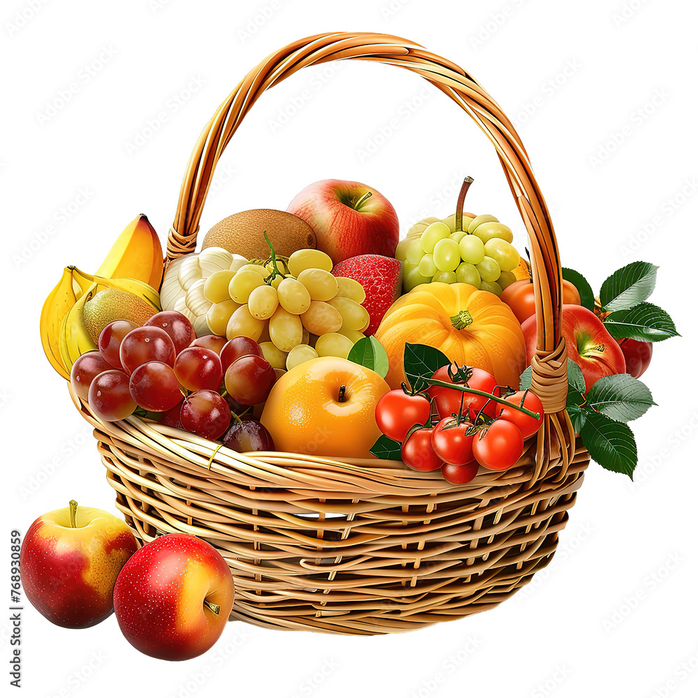 Assortment of exotic fruits in basket, Basket of seasonal fruits, oranges, pineapple, mango, peach, banana, grapes isolated on a Transparent Background. Generative AI