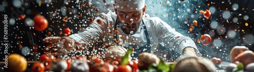 Capture the essence of celebrity chef challenges through a dynamic low-angle view Showcase their determination and passion in a visually captivating way