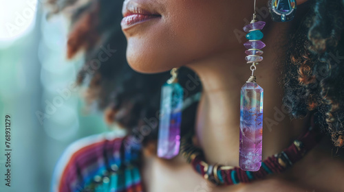 Portrait of a woman with colorful boho style beaded earrings, reflecting individuality photo