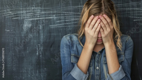 A young woman with blonde hair is covering her face with her hands in distress, standing before a chalkboard. Emotional stress in educational settings captured in a single moment. photo
