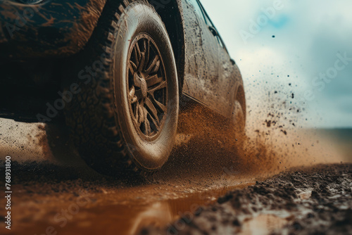 Dirt-Fueled Fun: Off-Road Vehicle Conquering Mud Roads © Andrii 