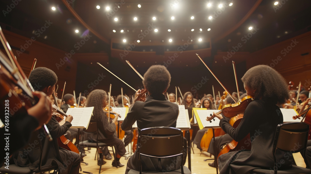 Fototapeta premium Melodic Harmony: African American Youth Orchestra's Captivating Performance