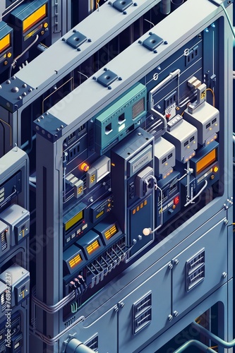 isometric image of commercial electrical panel, in the style of 2d game art, dark white and blue, living materials, 
