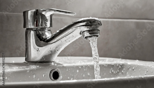 Close-up of water faucet with water drops. Bathroom interior.