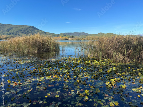 Paseo por el estanque de Banyoles, con barcas de madera amarradas. Cataluña. España.