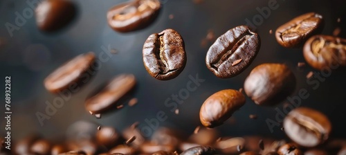 Roasted coffee beans in levitation on black background a dynamic display of flying coffee beans