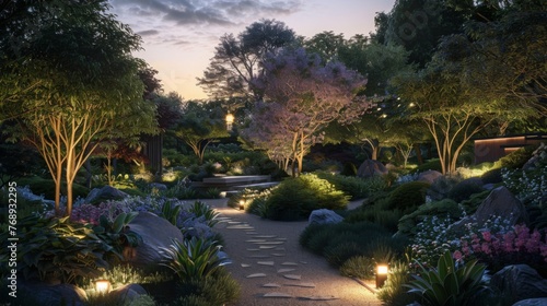 Illuminated Pathway Through Lively Garden