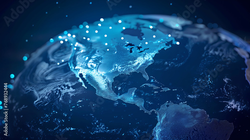 Digital world globe centered on North America, concept of North America global network and connectivity, data transfer and cyber technology, information exchange and telecommunication