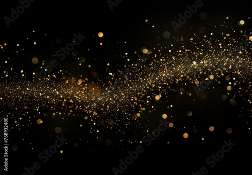 Golden abstract background, Glowing shimmer particles flying on dark background, glitter bokeh sparkles at night, stylish black canvas