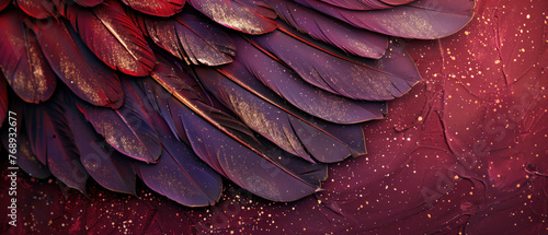 Lustrous violet feathers arranged in a layered pattern against a textured burgundy background.