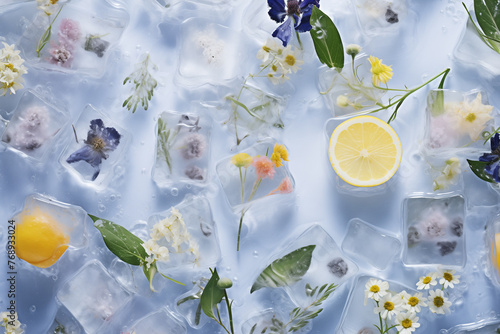 Various flowers and green leaves frozen inside of ice cube. A close-up of an artistic installation featuring plant parts in ice against white background. AI-generated