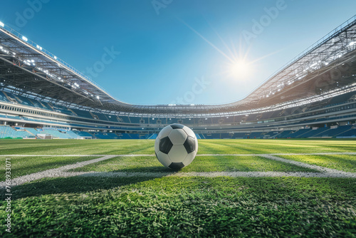 Close-up of a soccer ball on the lush green grass of a stadium, with the stands and bright sunlight in the background. © bajita111122