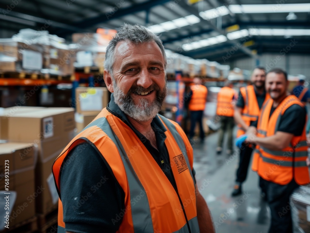 A bearded man in highvisibility workwear smiles in a warehouse A bearded man in highvisibility workwear smiles in a warehouse