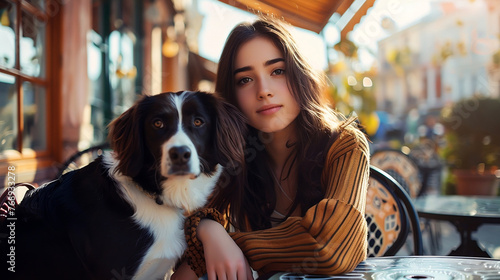 a beautiful young girl with her dog sits at a table in a street cafe on a summer day. Caring for animals. A volunteer shows attention to a dog while taking care of it. © Irina Afanaseva