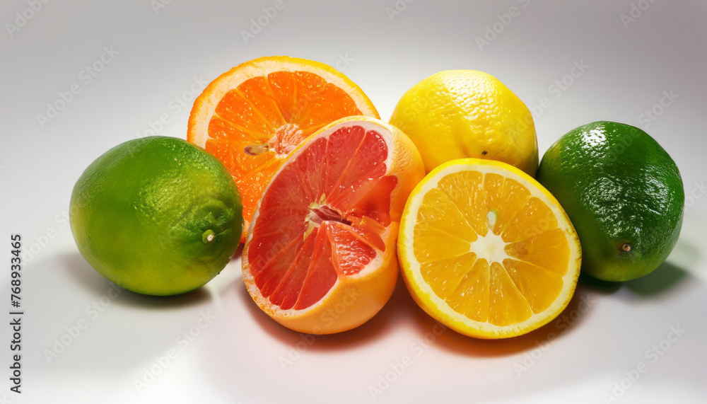 Vibrant assortment of fresh sliced citrus fruits. Different types, beautifully isolated against white background. Vibrant assortment of fresh sliced citrus fruits. Different types, beautifully isolated against white background.