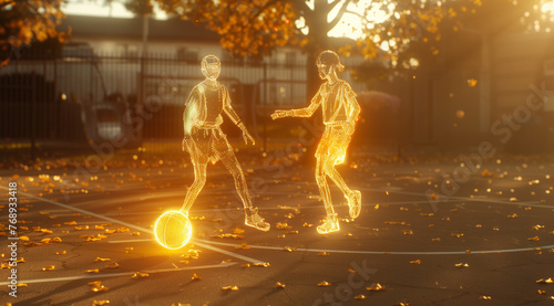 3d hologram of two people made out of fire playing foottball on the street © rovshen