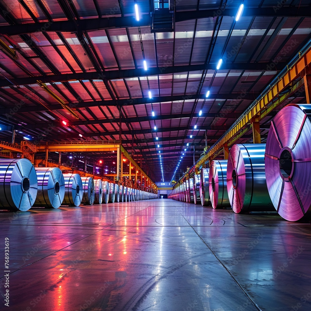 Aluminum roll warehouse took by wide camera , vivid colors