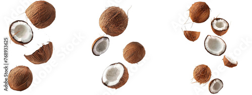 Set of Falling coconut, isolated on white background, full depth of field, clipping path