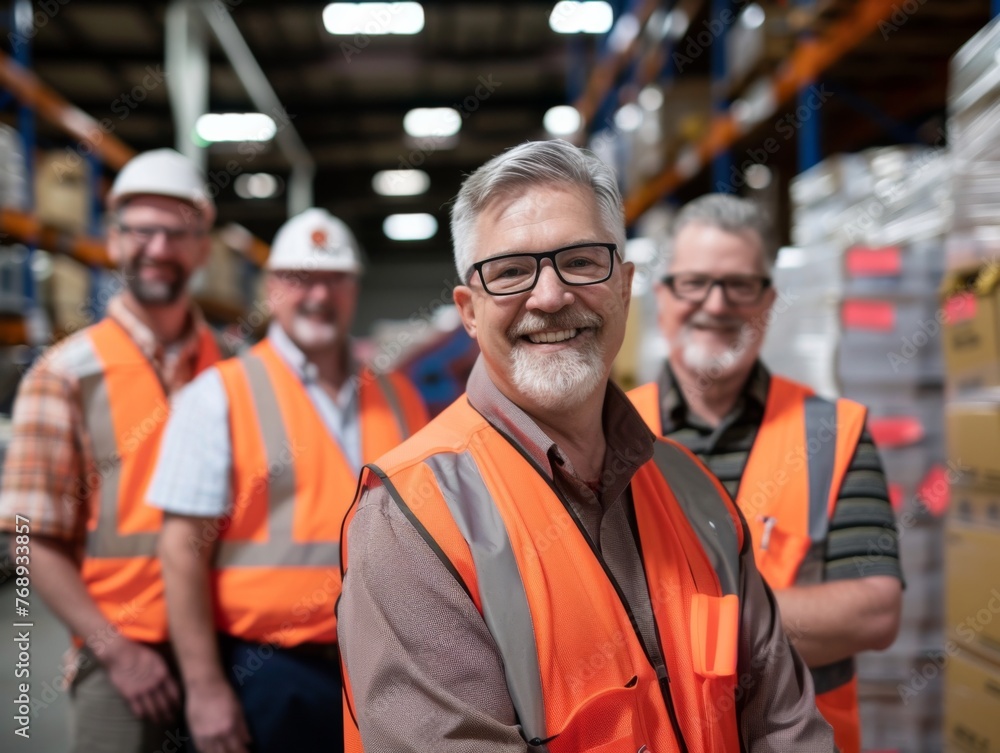 Engineers in orange vests and hard hats smile in a warehouse Engineers in orange vests and hard hats smile in a warehouse