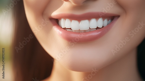 Close-up of a healthy female smile with white teeth. Dental care and oral hygiene concept for design and print.