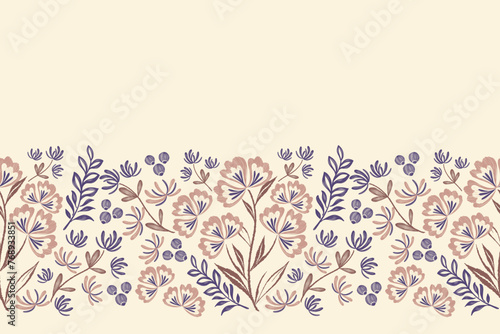 Vintage Floral pattern seamless embroidery texture background border. Pink blue Flower motif vintage minimal style vector illustration hand drawn