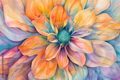 Close view of a random flower, handdrawn, in watercolors, showcasing soft pastel hues and delicate details