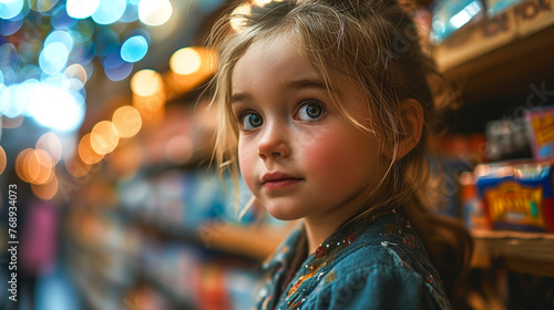 Young child gazing with curiosity at toy shelves in a store. Childhood wonder and shopping concept with bokeh lights for design and print.
