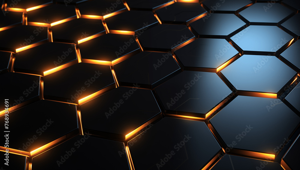 Shiny Glowing Hexagon Abstract Background in orange and blue, in the style of luminescence, dark black and yellow, shaped canvas Shiny Glowing Hexagon Abstract Background in orange and blue, in the style of luminescence, dark black and yellow, shaped canvas