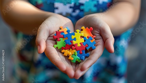 Cupped hands presenting a colorful heart-shaped puzzle, symbolizing love, support, and autism awareness. © Wan