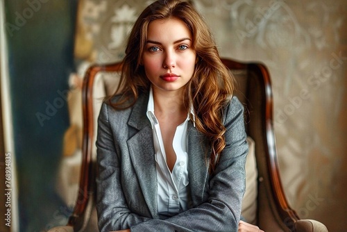 Portrait of a beautiful young woman in a gray jacket on a vintage chair