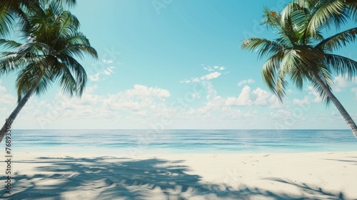 Golden palms cast long shadows on serene, deserted tropical shoreline - tranquil beachscape scene © Ashi