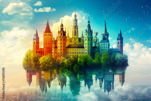 Surreal cityscape with an inverted reflection of colorful, fairytale-like towers under a clear blue sky photo