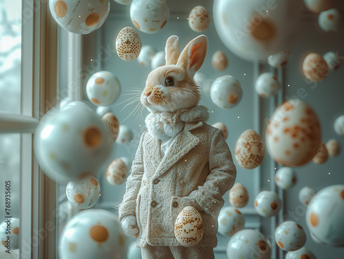 Rabbit on a background of many Easter eggs. Easter a rabbit boy in a  suit amidst. Rabbit with Easter eggs on. Bunny for Easter designs and decoratio. Symbol of Easter day