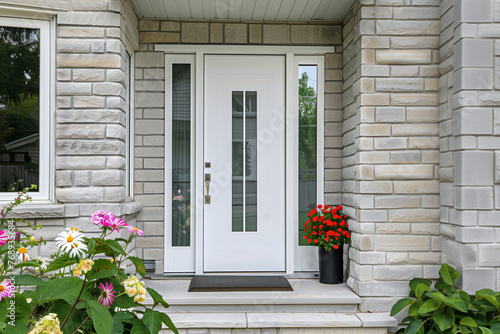Modern White Exterior Door With Glass Panel and Sidelights for Brick House