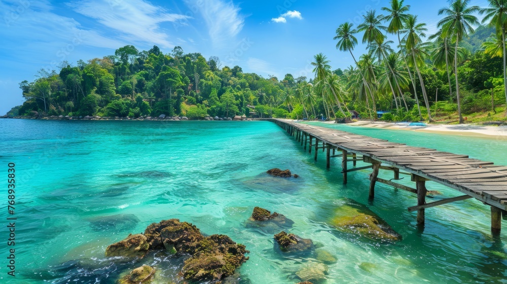 Fototapeta premium Enchanting tropical beach scenery on bel mare, mauritius island: vibrant coastal beauty with azure waters and lush greenery, perfect vacation escape