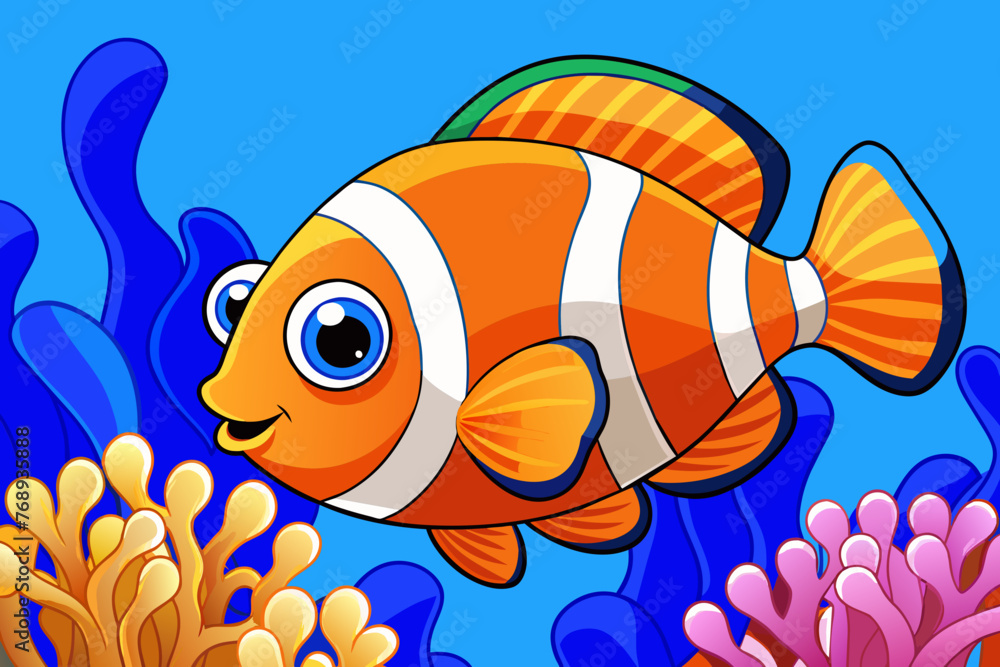 Fototapeta premium clown-fish-in-a-blue-sea-water-surrounded-by-coral. vector illustration
