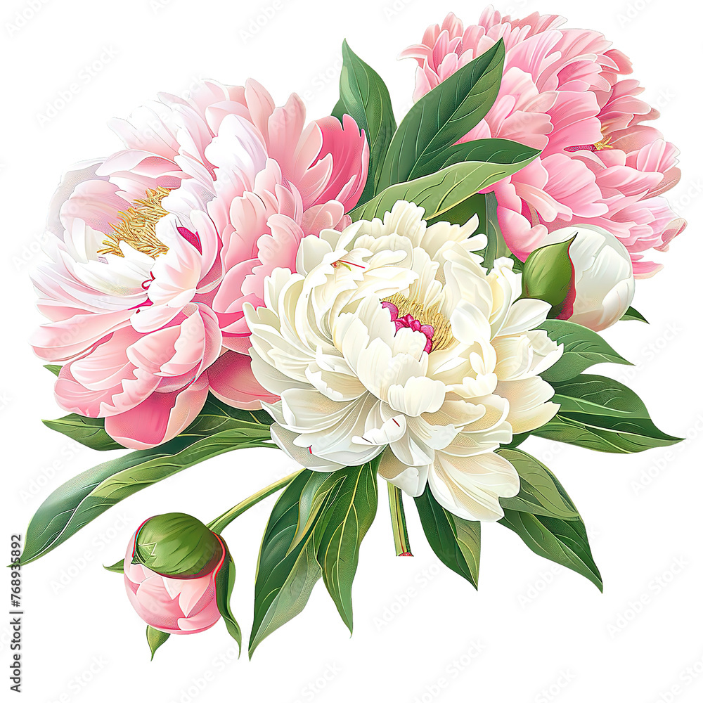 Bouquet of pink and white peonies, Young fresh plants. isolated on a Transparent Background. Generative AI