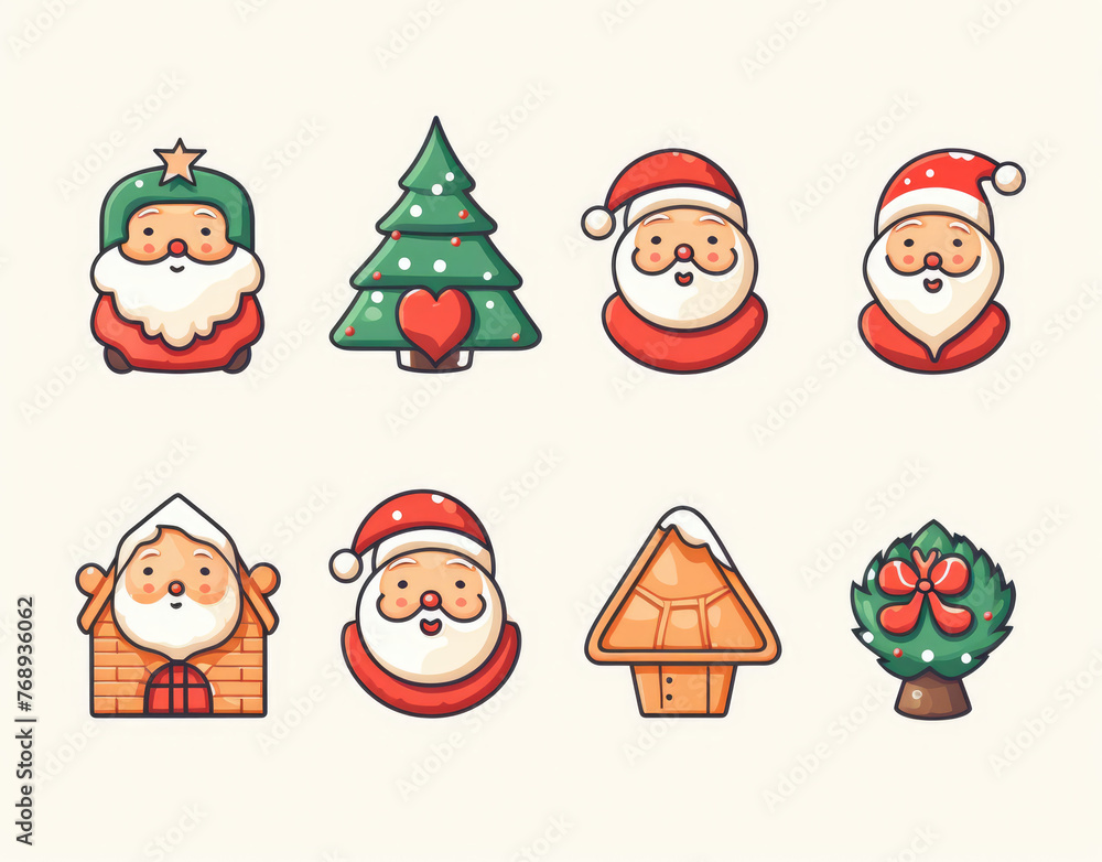 Santa Claus character set. Christmas icon set. Isolated on white background. Christmas ornament. Santa hat, tree, gift box, persent, house, cookies, reindeer and costume. Outline, thin line and flat.