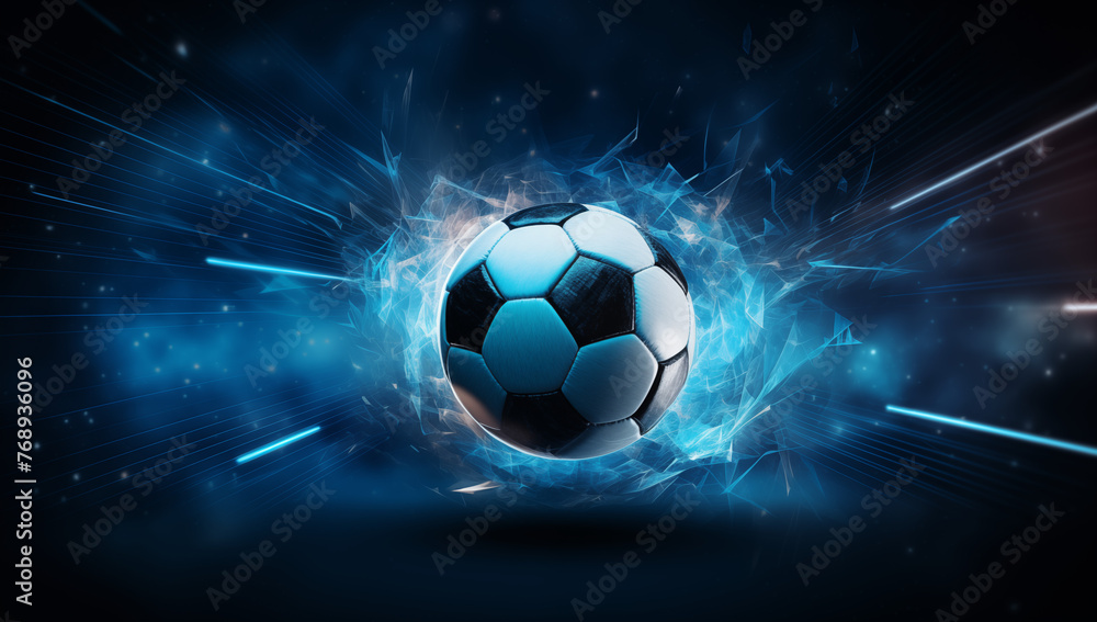 Fototapeta premium Soccer ball moving on black background with energy streaks behind it, sports success and power and sports and technology concept 
