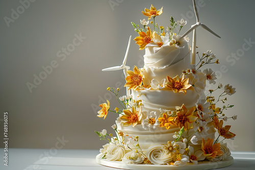 A nature-inspired cake with wind turbine toppers and solar panel accents, nestled among fresh flowers and greenery..