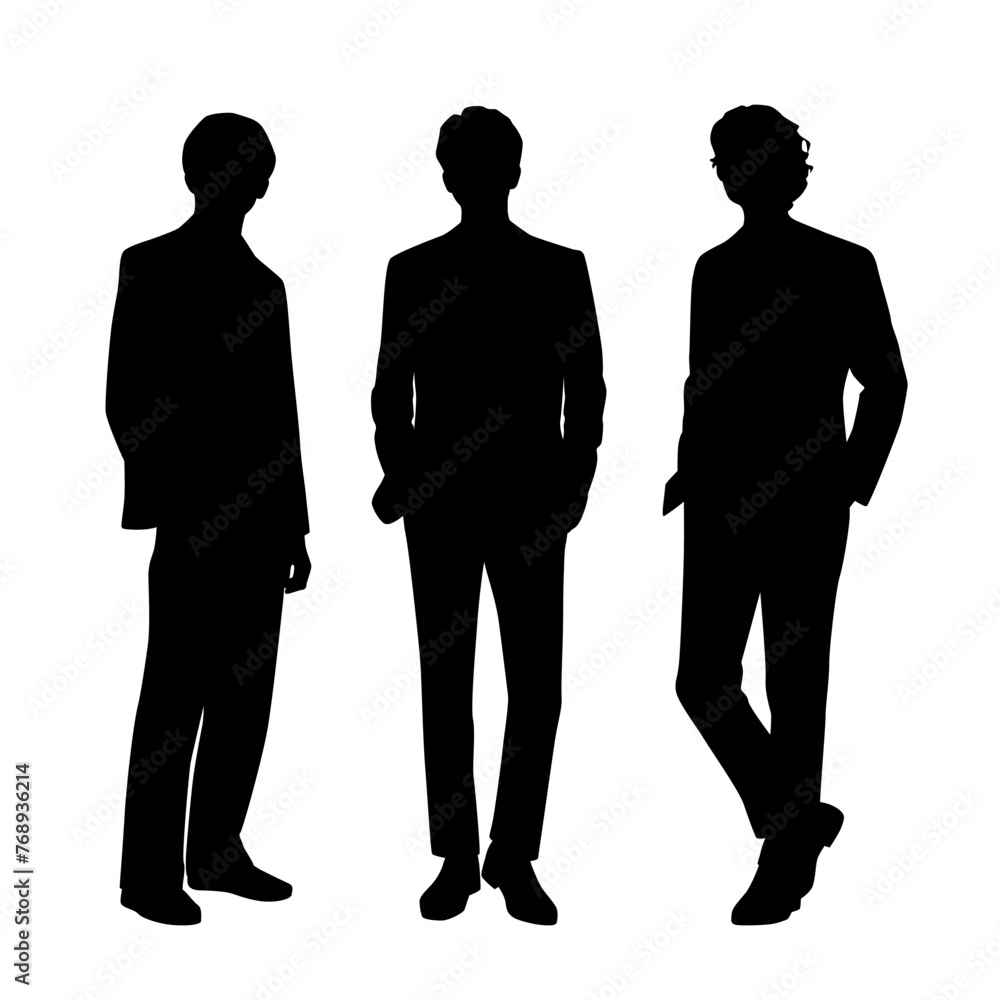 Vector silhouettes of three men standing, profile, business people, black color, isolated on white background Vector silhouettes of three men standing, profile, business people, black color, isolated on white background