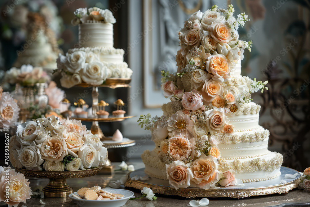 A luxurious multi-tiered wedding cake with exquisite white and gold floral details, set in an opulent setting with soft lighting.. A luxurious multi-tiered wedding cake with exquisite white and gold floral details, set in an opulent setting with soft lighting..