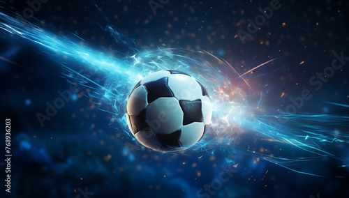soccer ball with lightning flying on night sky  dark blue background  sports and technology concept