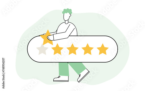 estimation. give a grade for the work. star. vector. flat. people. teamwork. modern style. the golden star. quality assessment. business.