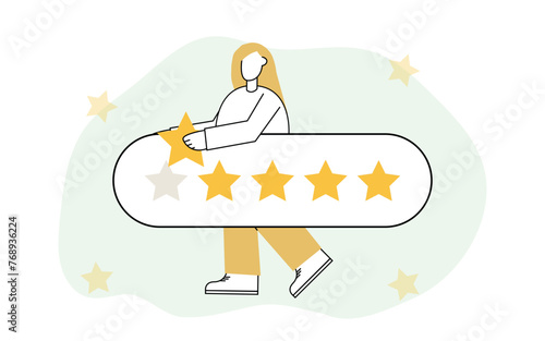 estimation. give a grade for the work. star. vector. flat. people. teamwork. modern style. the golden star. quality assessment. business.